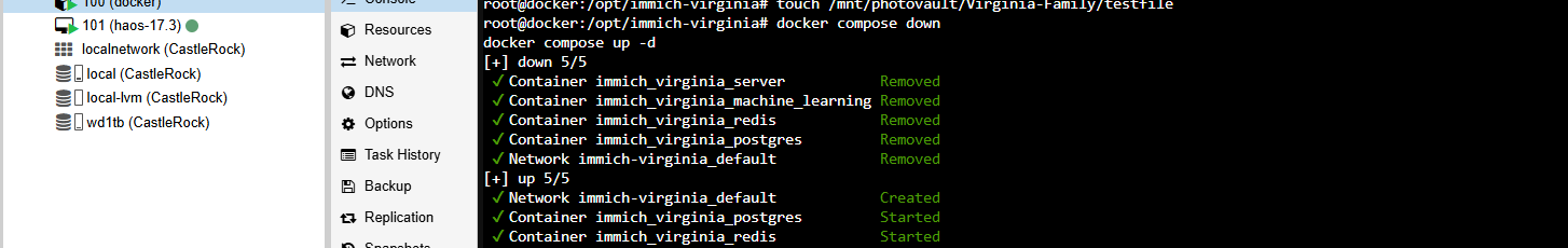 Sanitized Proxmox console showing a Docker Compose application stack restarting successfully